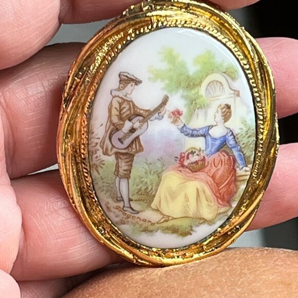 Jewelry - Antique Gold-Plated Porcelain Brooch With Romantic Scene Hand-Painted